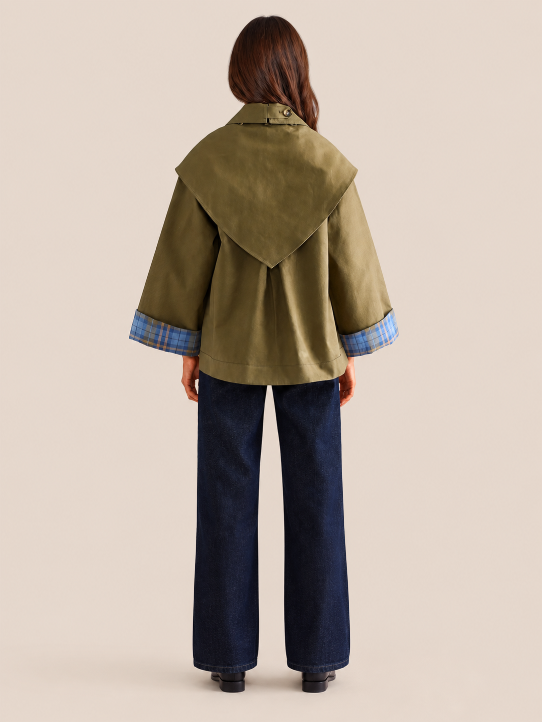Women’s Reversible Oversized Trench-Style Coat with Plaid Trim
