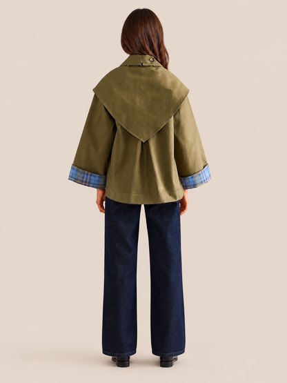 Women’s Reversible Oversized Trench-Style Coat with Plaid Trim
