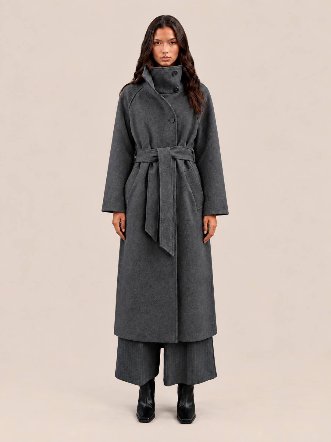 gray belted wool coat