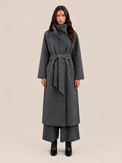 gray belted wool coat