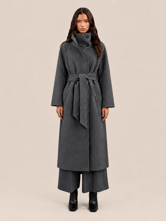 gray belted wool coat