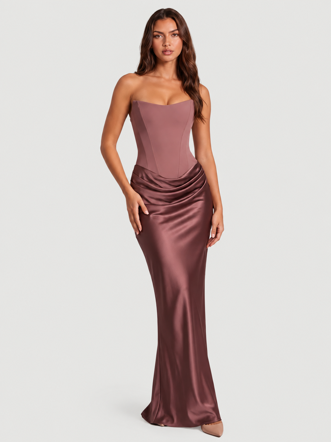women strapless satin maxi dress