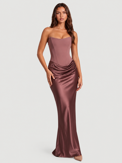 women strapless satin maxi dress